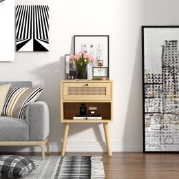Rattan Nightstands with Rattan-Like Decor Drawer; End Tables with Solid Wood Legs; Side Tables with Open Storage; for Bedroom; Living Room