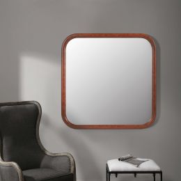 Square Brown Decorative Wall Hanging Mirror; PU Covered MDF Framed Mirror for Bedroom Living Room Vanity Entryway Wall Decor; 23.62x23.62inch