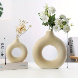 1pc; White Ceramic Vase White Vases For Decor; Modern Home Decor Vase; Boho Vases For Decor; Circle Vase; Round Vase; Donut Vase; Decorative Vase (Color: Cream, size: Small + Large Vase)