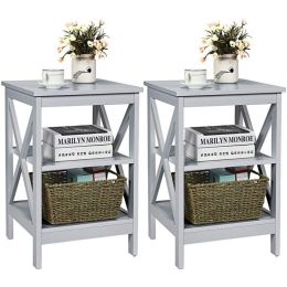 3-Tier X-Design Nightstands with Storage Shelves for Living Room Bedroom (Color: Gray)