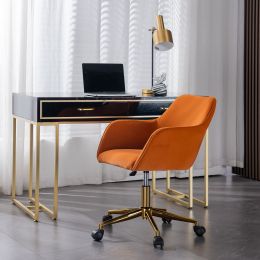 Modern Velvet Fabric Material Adjustable Height 360 revolving Home Office Chair with Gold Metal Legs and Universal Wheels for Indoor (Color: Orange)