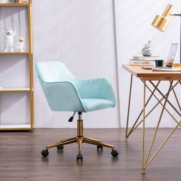 Modern Velvet Fabric Material Adjustable Height 360 revolving Home Office Chair with Gold Metal Legs and Universal Wheels for Indoor (Color: Aqua Light Blue)