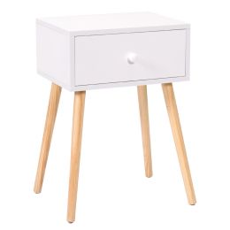 Mid Century Modern Nightstand;  Wood Bed Side Table with Drawer;  End Table for Living Rooms Bedrooms;  Home Furniture;  White and Natural (Pieces: 1)