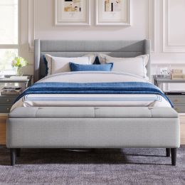 Upholstered Storage Bed Frame with Storage Ottoman Bench;  No Box Spring Needed;  Queen (Color: Gray)