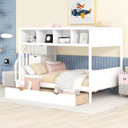 Twin over Full Bunk Bed with Shelfs;  Storage Staircase and 2 Drawers (Color: White)