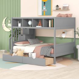 Twin over Full Bunk Bed with Shelfs;  Storage Staircase and 2 Drawers (Color: Gray)