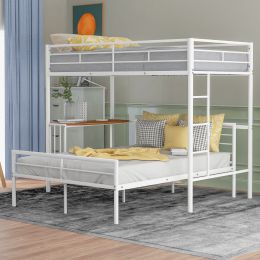 Twin Over Full Metal Bunk Bed with Desk;  Ladder and Quality Slats for Bedroom (Color: White)
