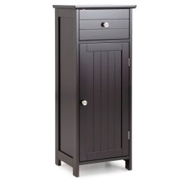 Wooden Bathroom Floor Storage Cabinet with Drawer and Shelf (Color: Brown)